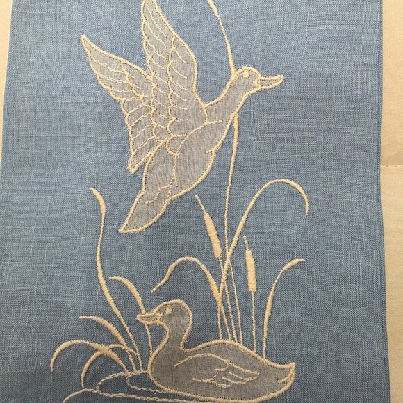 Vintage Blue Embroidered Duck Tea Towels– Set of 2, Handcrafted Linen, Farmhouse - Picture 5 of 5